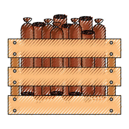 wooden basket with sausages in colored crayon silhouette vector illustrationのイラスト素材