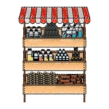 supermarket shelf with sunshade colorful with foods and beverages in colored crayon silhouette vector illustrationのイラスト素材
