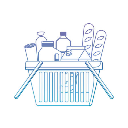 shopping basket with foods sausage bread and drinks juice and water bottle and milk carton in degraded purple to blue color contour vector illustrationのイラスト素材