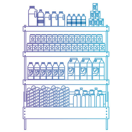 supermarket shelf with foods and beverages in degraded purple to blue color contour vector illustrationのイラスト素材