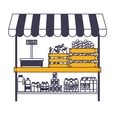 supermarket shelf with weighing machine and sunshade with foods and beverages in color sections silhouette vector illustrationのイラスト素材