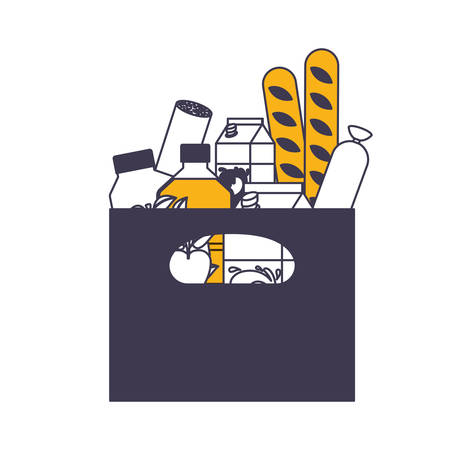 rectangular paper bag with handle and foods sausage and bread apples and drinks orange juice and water bottle and milk carton in color sections silhouette vector illustrationのイラスト素材