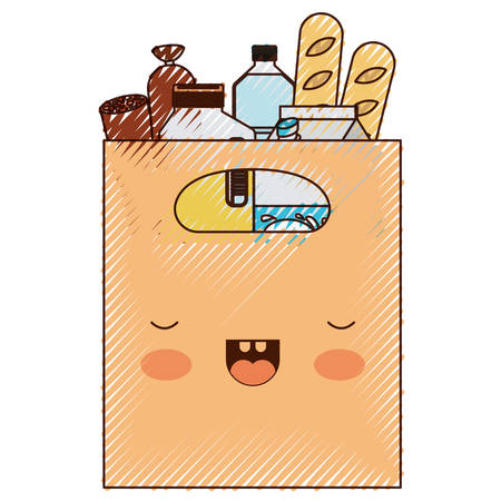 square paper bag with handle and foods sausage bread and drinks juice and water bottle and milk carton in colored crayon silhouette vector illustrationのイラスト素材
