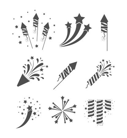 rockets and fireworks bursting set in grayscale silhouette over white background vector illustrationのイラスト素材