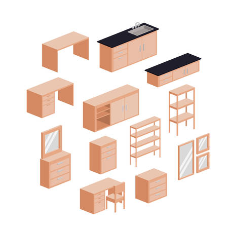 kitchen furniture set in colorful silhouette over white background vector illustrationのイラスト素材