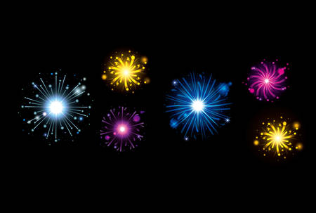 fireworks bursting in glowing multi colours on black background vector illustrationのイラスト素材
