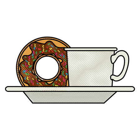 coffee cup and donut with chocolate glaze on dish in colored crayon silhouette on white background vector illustrationのイラスト素材