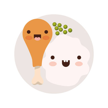 food plate with chicken thigh with peas and rice in colorful silhouette on white background vector illustrationのイラスト素材