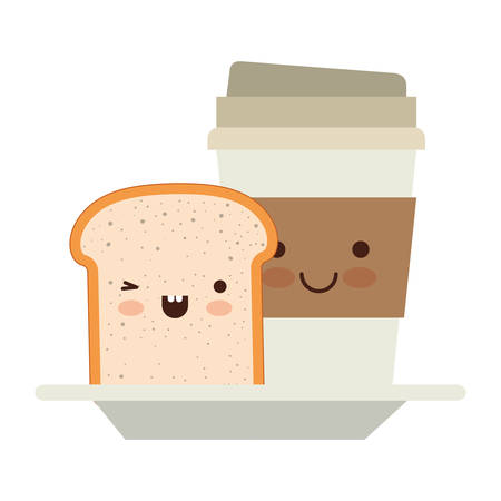 disposable coffee cup and bread slice in colorful silhouette on white background vector illustrationのイラスト素材