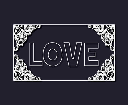 laser cutting of rectangular frame with floral border and love text inside with dark blue color background vector illustrationのイラスト素材
