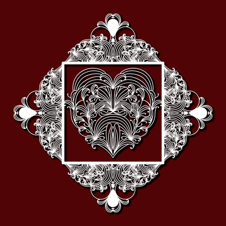 laser cutting decorative floral diamond with heart inside of the square in dark red color background vector illustrationのイラスト素材