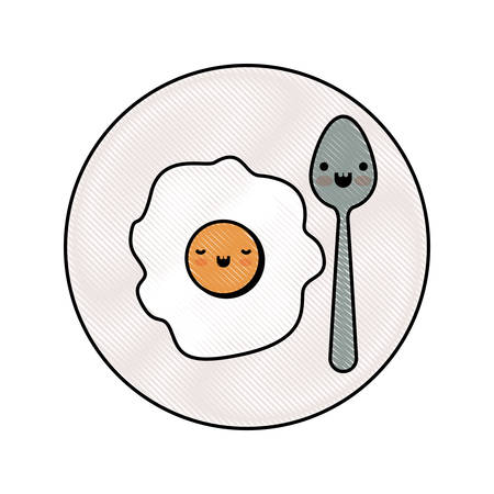kawaii fried egg and spoon on dish in colored crayon silhouette vector illustrationのイラスト素材