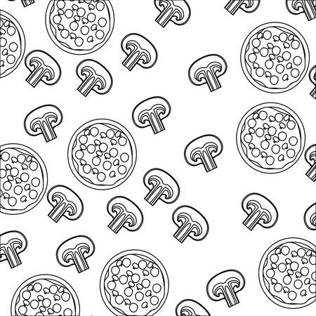 Pizza and mushroom pattern in monochrome silhouette on white background vector illustrationのイラスト素材