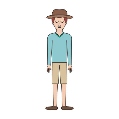 man with hat and sweater and short pants and shoes with short hair in colorful silhouette vector illustrationのイラスト素材
