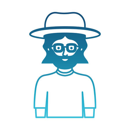 man half body with hat and glasses and t-shirt with mid length hair and beard in degraded blue silhouette vector illustrationのイラスト素材
