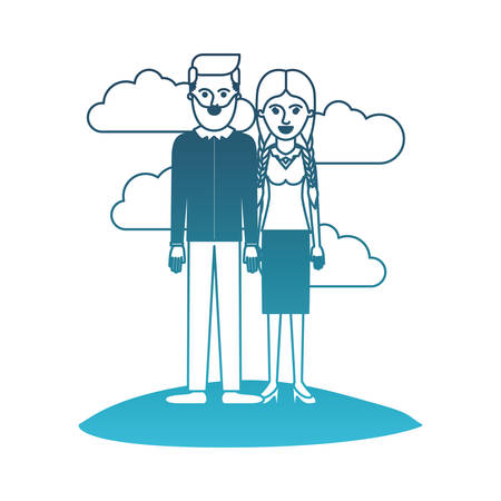 couple in degraded blue silhouette scene outdoor and him with beard and shirt and pants and shoes with side parted hairstyle and her with blouse and skirt and heel shoes with braided hair vector illustrationのイラスト素材