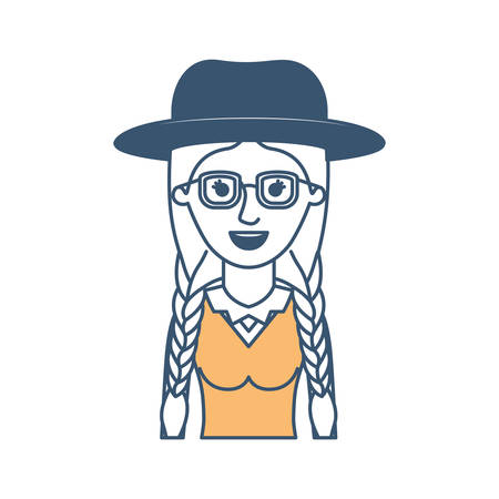 woman half body with hat and glasses and blouse with braided hair in color sections silhouette vector illustrationのイラスト素材