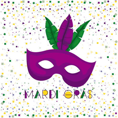 mardi gras poster with purple carnival mask and colorful feathers with confetti background vector illustrationのイラスト素材