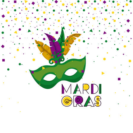 mardi gras background with green mask with colorful feathers and confetti background vector illustrationの写真素材