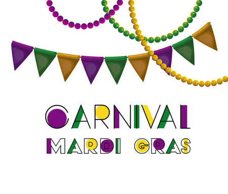 carnival mardi gras poster with colorful triangular festoons and necklaces over white background vector illustrationの写真素材