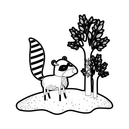 Raccoon cartoon in forest next to the trees in black silhouette with thick contour vector illustrationのイラスト素材