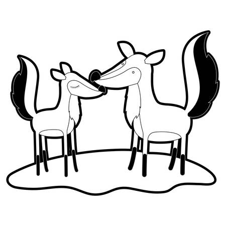 Fox couple over grass with black sections silhouette and thick contour vector illustrationのイラスト素材