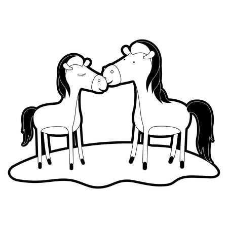 Horses couple over grass with black sections silhouette and thick contour vector illustrationのイラスト素材