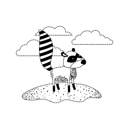 Raccoon cartoon in outdoor scene with clouds in black dotted silhouette illustration.のイラスト素材