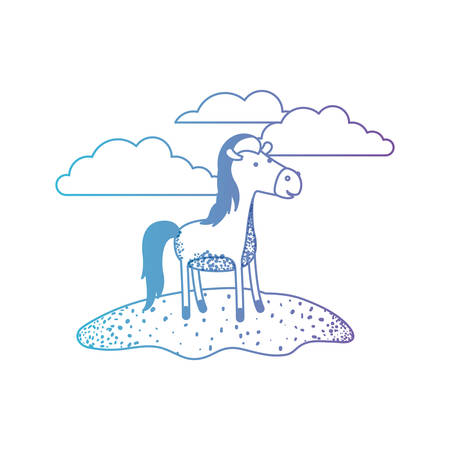 Horse cartoon in outdoor scene with clouds in degraded blue to purple color silhouette vector illustrationのイラスト素材
