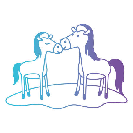 horses couple over grass in degraded blue to purple color contour vector illustrationのイラスト素材