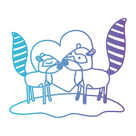 Raccoon couple over grass in degraded blue to purple color contour with heart in background vector illustration.のイラスト素材