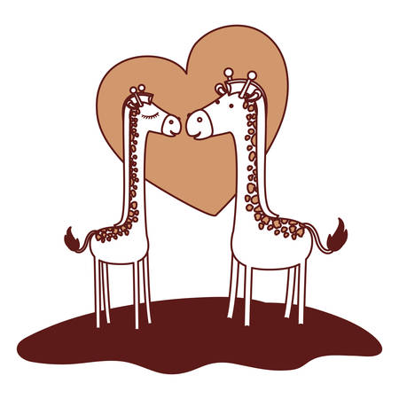 Giraffes couple over grass in color sections silhouette with heart in background vector illustration.のイラスト素材