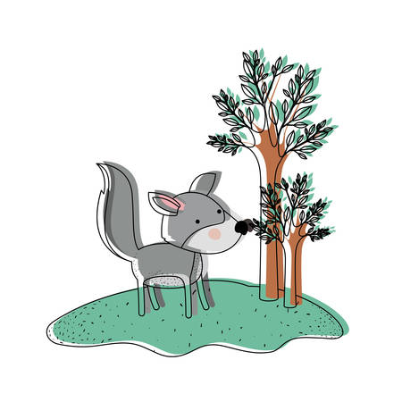 wolf cartoon in forest next to the trees in watercolor silhouette vector illustrationのイラスト素材