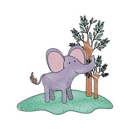 Elephant cartoon in forest next to the trees in colored crayon silhouette vector illustrationのイラスト素材