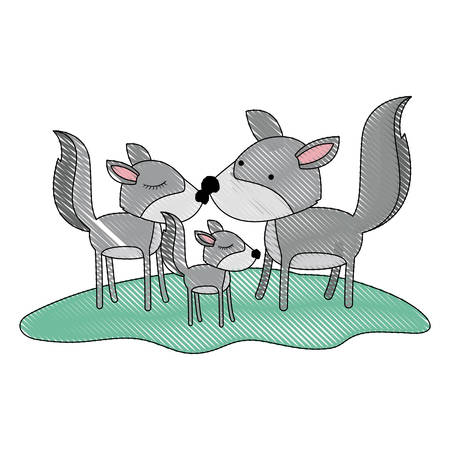 wolves couple and cub over grass in colored crayon silhouette vector illustrationのイラスト素材