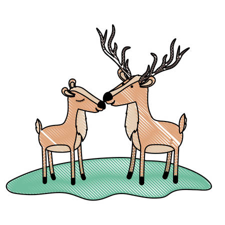 deer couple over grass in colored crayon silhouette vector illustrationのイラスト素材