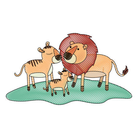cartoon lions couple and cub over grass in colored crayon silhouette vector illustrationのイラスト素材
