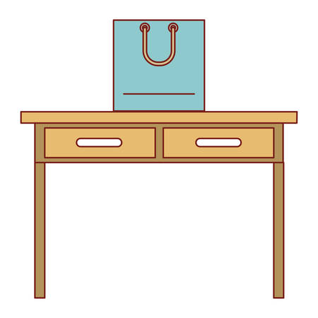 desk table with drawers front view with shopping bag above in colorful silhouette vector illustrationのイラスト素材