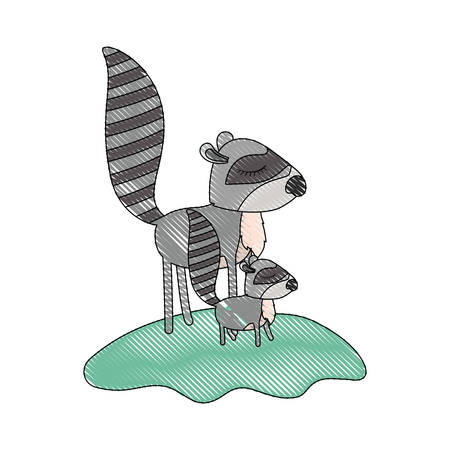 cartoon raccoon mom and cub over grass in colored crayon silhouette vector illustrationのイラスト素材