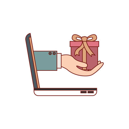 laptop computer and hand holding gift box of purchase online in colorful silhouette vector illustrationのイラスト素材