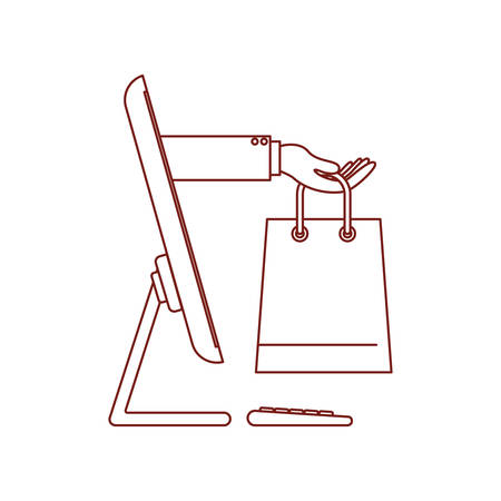 desktop computer and hand holding shopping bag of purchase online in dark red contour vector illustrationのイラスト素材