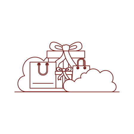 gifts and shopping bags with clouds around in dark red contour vector illustrationのイラスト素材