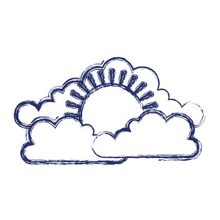 Cloud cumulus and sun flat icon in dark blue blurred silhouette vector illustrationのイラスト素材