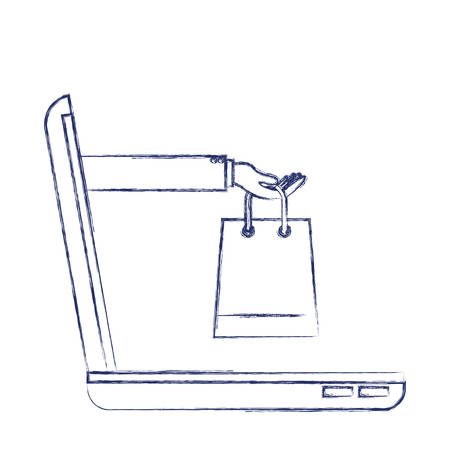 laptop computer and hand holding shopping bag of purchase online in dark blue blurred silhouette vector illustrationのイラスト素材
