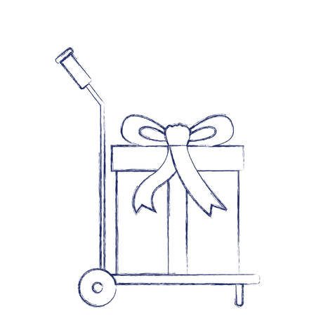 hand truck with big gift box in dark blue blurred silhouette vector illustrationのイラスト素材