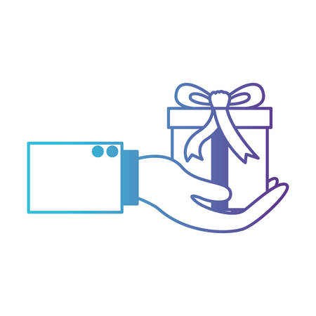 A hand holding a gift box in degraded blue to purple color contour vector illustrationのイラスト素材