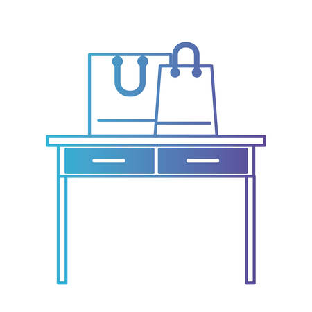 Desk table with drawers front view with shopping bags above in degraded blue to purple color.のイラスト素材
