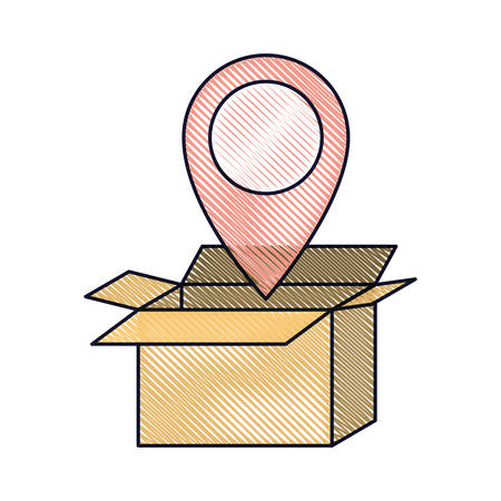 Opened cardboard box with map pointer on top in colored crayon silhouette vector illustrationのイラスト素材
