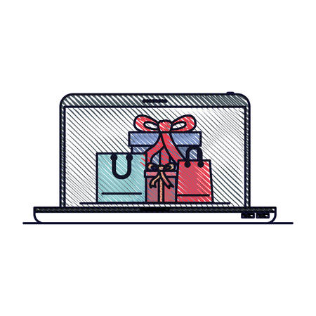 Laptop computer front view with gift boxes and shopping bags in screen in colored crayon silhouette vector illustrationのイラスト素材