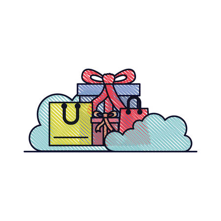 Gifts and shopping bags with clouds around in colored crayon silhouette vector illustrationのイラスト素材